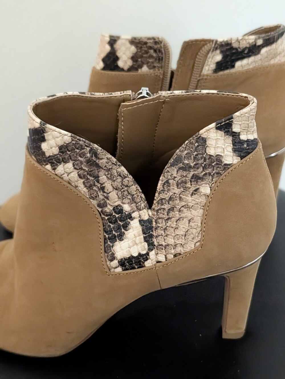Vince Camuto Tan Ankle Booties with Snake-Print Trim